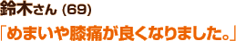 鈴木さん (69) 「めまいや膝痛が良くなりました。」